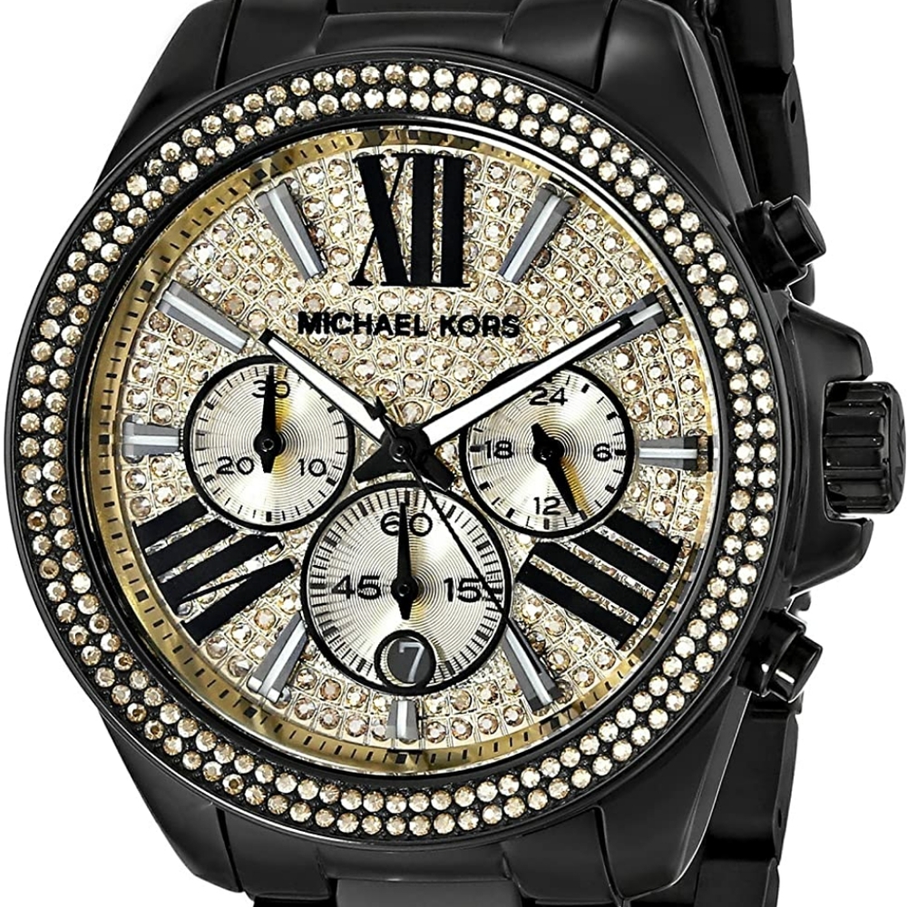 NIB Michael Kors Wren Chronograph Black & Gold Crystal Watch